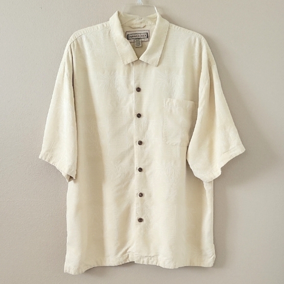 Jamaica Jaxx Men's Butter Yellow Palm Tree 100% Silk Button Down Shirt - Picture 1 of 8